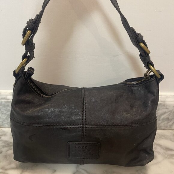 FOSSIL BLACK LEATHER SHOULDER BAG PURSE - Picture 1 of 12